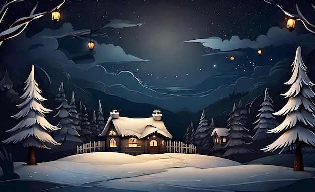 Disegno di sfondo della notte di Natale nella neve e nella casa del castello