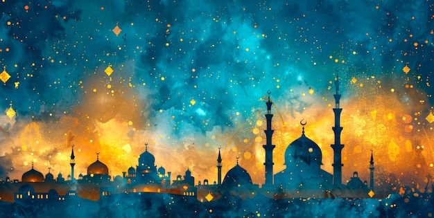 disegno di silhouette di moschee musulmane e islamiche con stelle sotto il cielo notturno