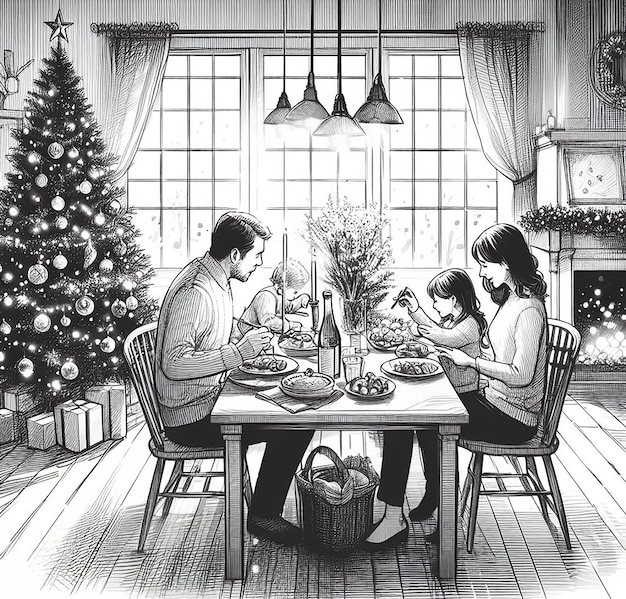 disegno di tavolo da pranzo di famiglia e albero di Natale