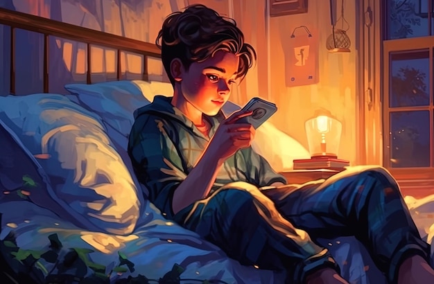 Disegno di un adolescente a letto con un cellulare o uno smartphone nei suoi comandi