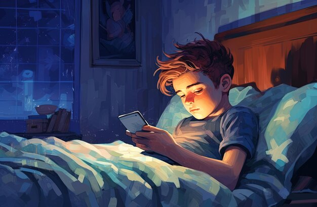 disegno di un adolescente a letto con un cellulare o uno smartphone nei suoi controlli