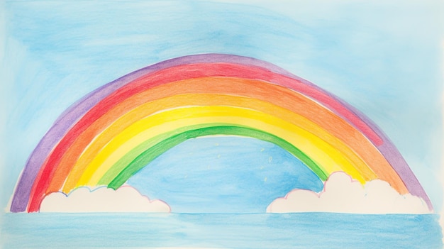 Disegno di un arcobaleno da parte di bambini con matite colorate Foto di alta qualità