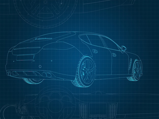 Disegno di un'auto e delle sue parti su un substrato blu millimetrico