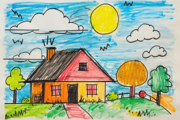 Disegno di un bambino con pastelli colorati in stile ingenuo illustrazione di una casa di famiglia