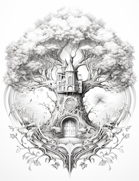 disegno di un castello su un albero con una torre dell'orologio ai generativa