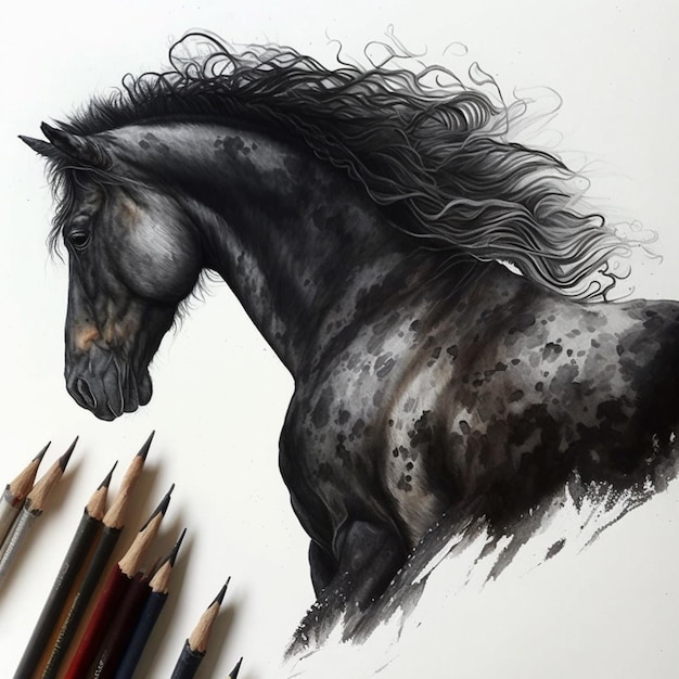 disegno di un cavallo con un sacco di capelli neri e un sacco di matite generative ai