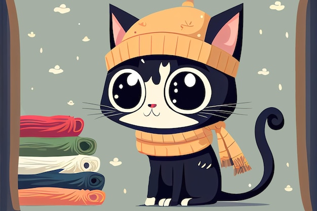 Disegno di un gatto in inverno con un cappello IA generativa