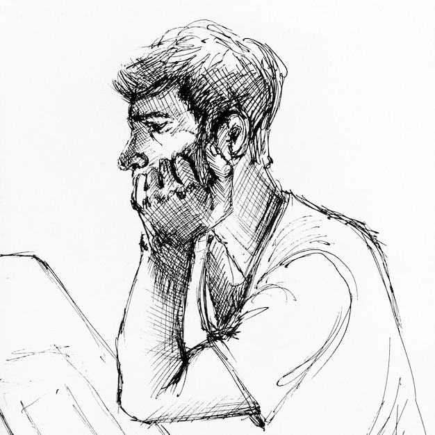 Disegno di un giovane uomo riflessivo con la mano sotto il mento che disegna a mano con inchiostro nero su carta bianca