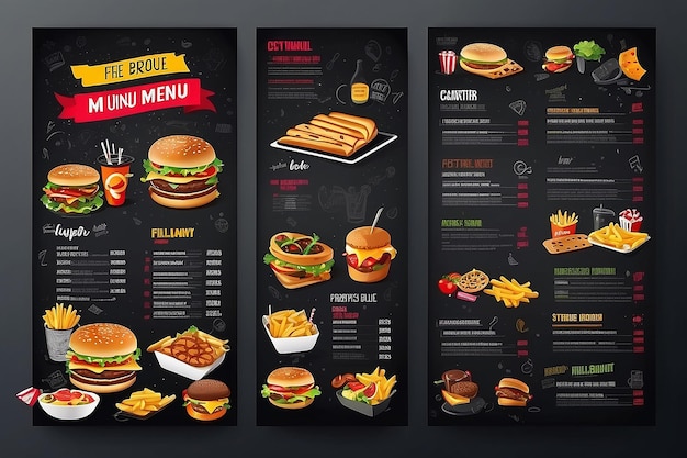 Disegno di un opuscolo del menu del fast food su un modello vettoriale a sfondo scuro