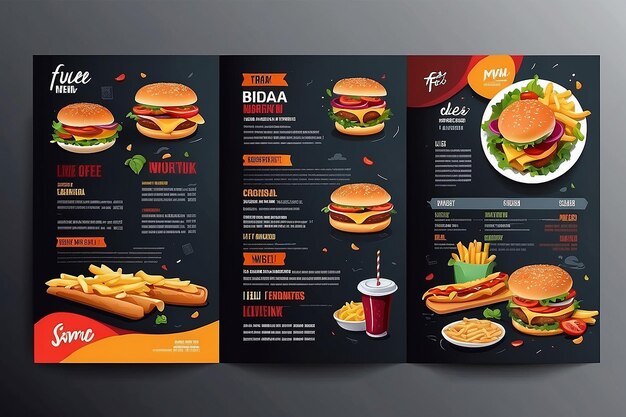 Disegno di un opuscolo del menu del fast food su un modello vettoriale a sfondo scuro