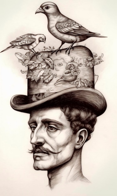 Disegno di un uomo con un cappello con un uccello in cima a un disegno a inchiostro in stile surrealista AI generato AI generativo AI generativ