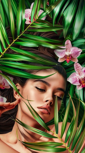 Disegno di una bella giovane donna con orchidee nei capelli che si nasconde nella giungla concetto pubblicitario
