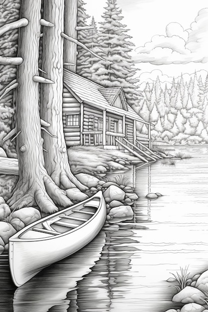disegno di una canoa sulla riva di un lago vicino a una cabina ai generativa