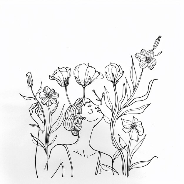 disegno di una donna che puzza fiori con una libellula sullo sfondo generativo ai