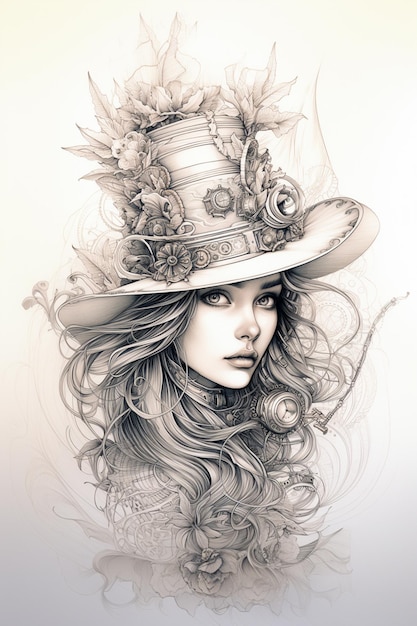 disegno di una donna con un cappello e fiori sulla testa generativo ai
