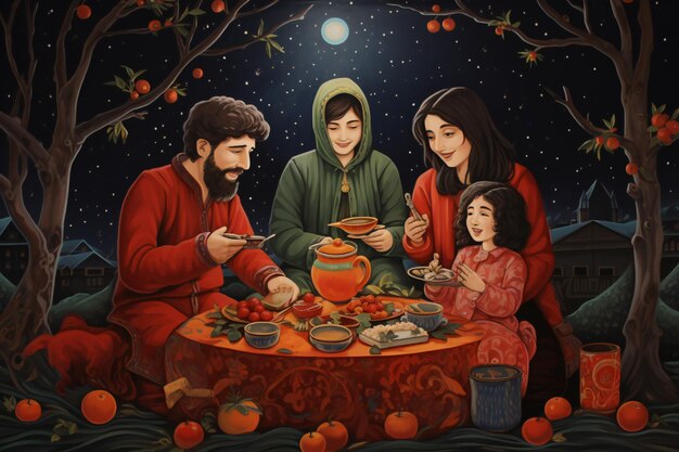 Disegno di una famiglia seduta e a mangiare che celebra la notte di Yalda