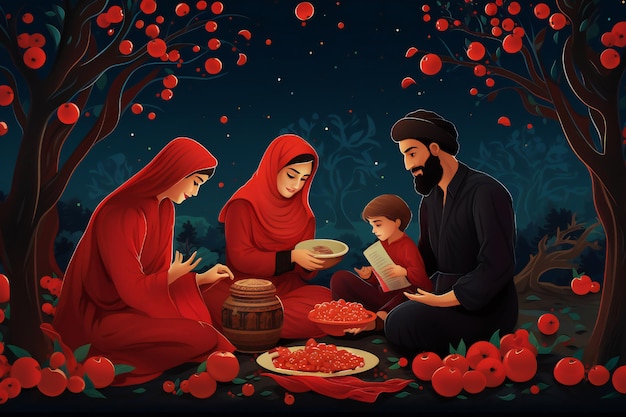 Disegno di una famiglia seduta e a mangiare che celebra la notte di Yalda