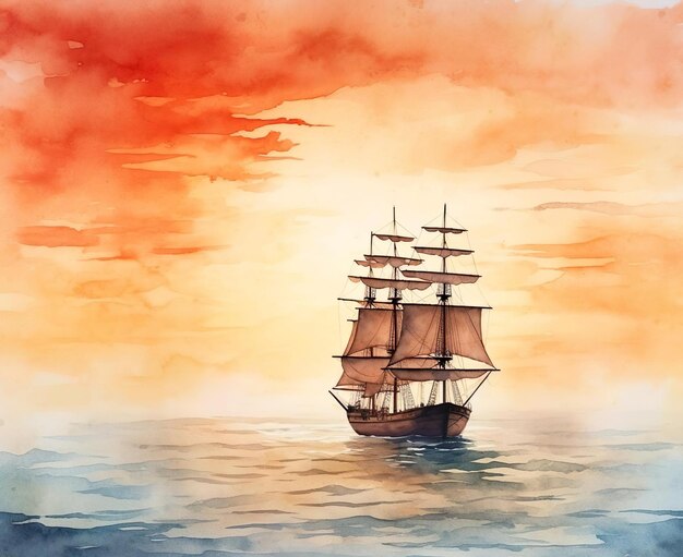 Disegno di una nave sull'oceano con vista sul tramonto