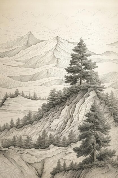 disegno di una scena di montagna con un albero solitario su una collina ai generativa