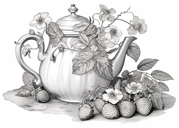 disegno di una teiera con fragole e una teiera generativa ai