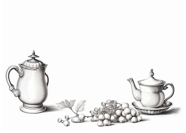 disegno di una teiera e una tazza con l'uva su un piatto generativo ai