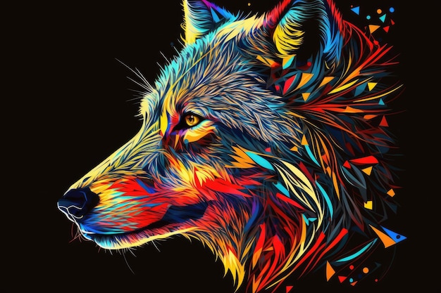 Disegno di una testa di lupo in vivaci colori primari nello stile del pop