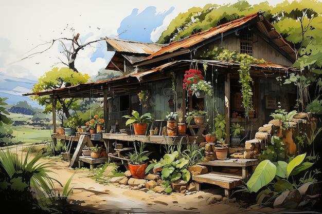 Disegno di una tipica casa locale in Costa Rica durante