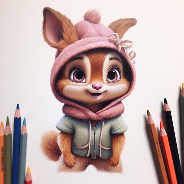 disegno di uno scoiattolo cartone animato che indossa una felpa con cappuccio e matite colorate ai generative