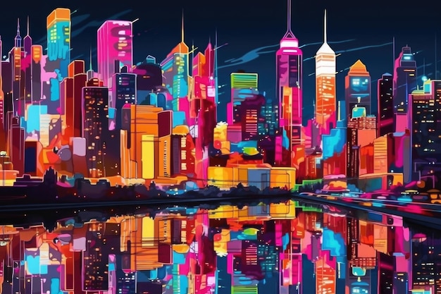 Disegno di uno skyline notturno colorato al neon IA generativa