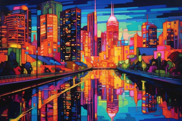 Disegno di uno skyline notturno colorato al neon IA generativa