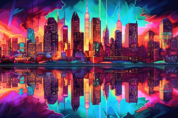 Disegno di uno skyline notturno colorato al neon IA generativa