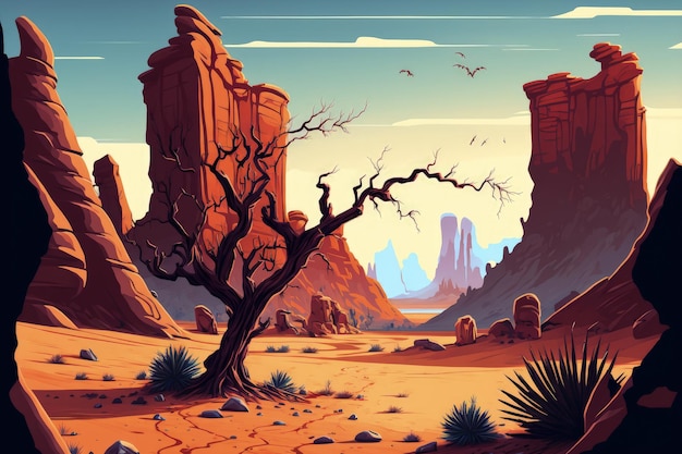 Disegno digitale dell'ambiente di vista del paesaggio del canyon della terra del deserto abbandonato