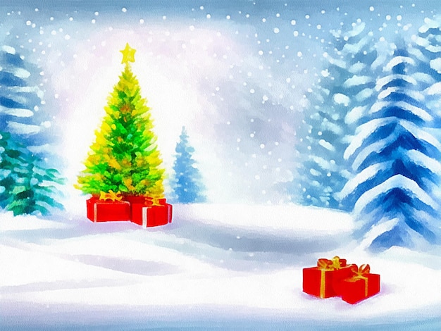 Disegno digitale dello sfondo della natura di Natale con neve e alberi di Natale che dipingono su carta in stile