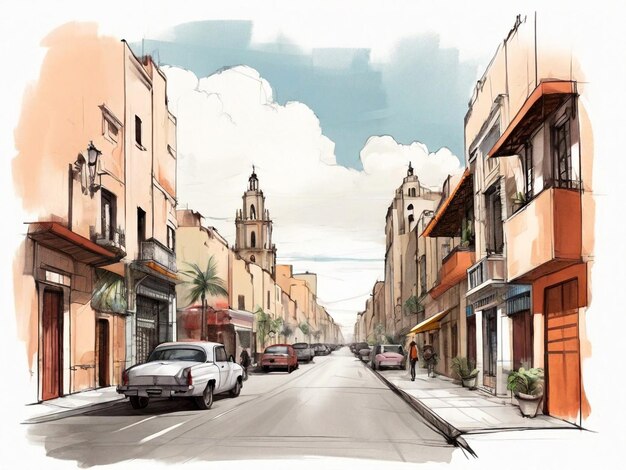 Disegno disegnato a mano del paesaggio urbano della strada del Messico Illustrazione