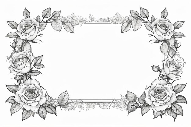 Disegno e schizzo a cornice di fiori di rosa su sfondo bianco