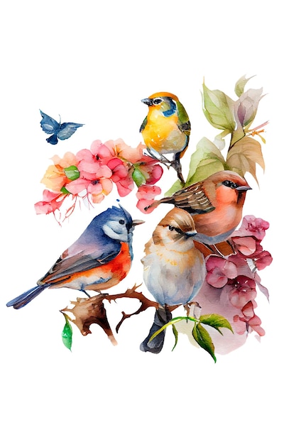 Disegno estivo floreale con fiori astratti dipinti a mano con uccelli in diversi colori su sfondo bianco AI Generato