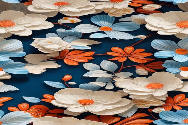 Disegno florale decorativo Ditsy con fiori d'arancia tropicale su sfondo blu e modello senza cuciture
