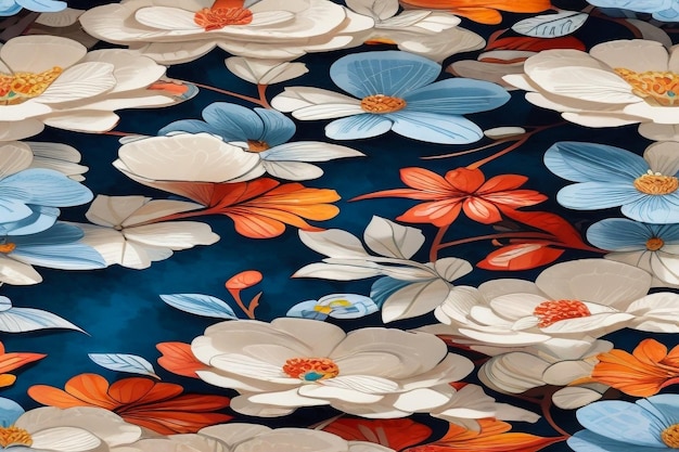 Disegno florale decorativo Ditsy con fiori d'arancia tropicale su sfondo blu e modello senza cuciture