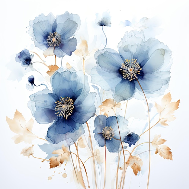 disegno floreale delicato vettore trasparente fiori blu oro delicato