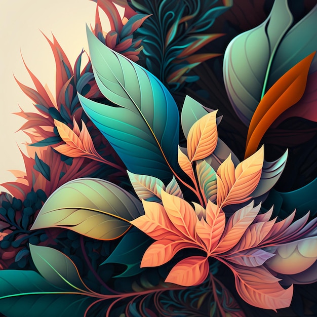 Disegno floreale originale con fiori esotici e foglie tropicali Fiori colorati su sfondo scuro