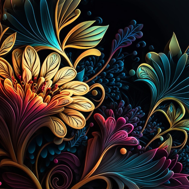 Disegno floreale originale con fiori esotici e foglie tropicali Fiori colorati su sfondo scuro
