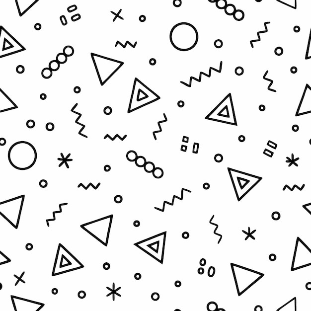 Disegno geometrico astratto in bianco e nero senza cuciture con triangoli cerchi zigzag e stelle