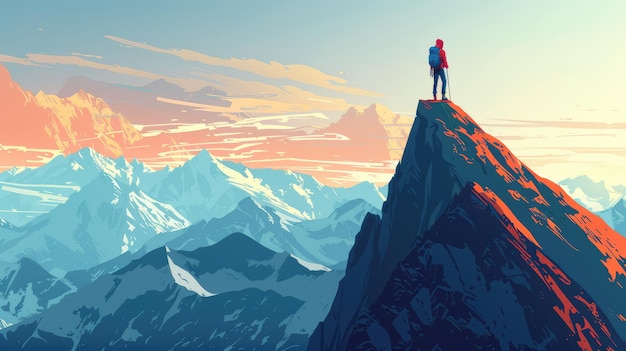 Disegno grafico di un alpinista in piedi su una montagna che guarda le vaste montagne generate dall'AI Immagine