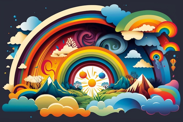 Disegno grafico hippie degli anni '60 e '70 Retro elegante nuvole arcobaleno ondulate psichedelico doodle sfondo di colore