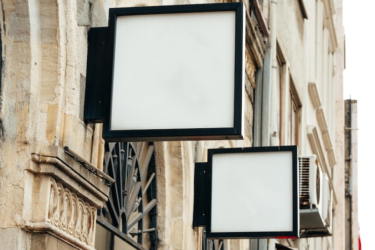 Foto disegno in bianco del cartello del negozio in strada