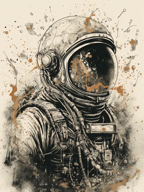 Disegno in bianco e nero di un astronauta nello spazio realizzato in stile grafico AI generato AI generativo AI generativ