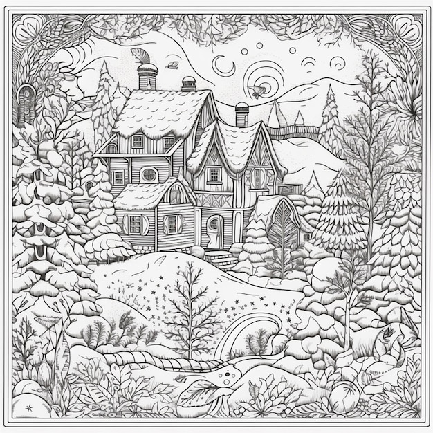 Disegno in bianco e nero di una casa nella foresta invernale.