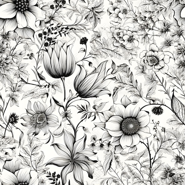 Disegno in bianco e nero di uno sfondo floreale con motivo floreale.