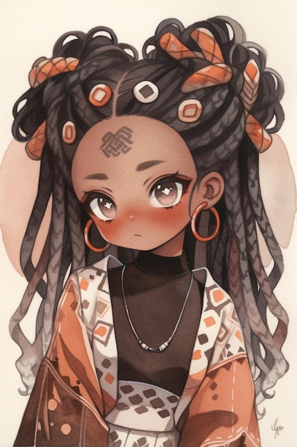 Disegno in stile anime di una donna con i dreadlocks e un kimono generativo ai