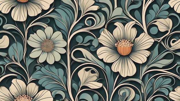 Disegno in stile Art Nouveau con fiori, foglie e viti